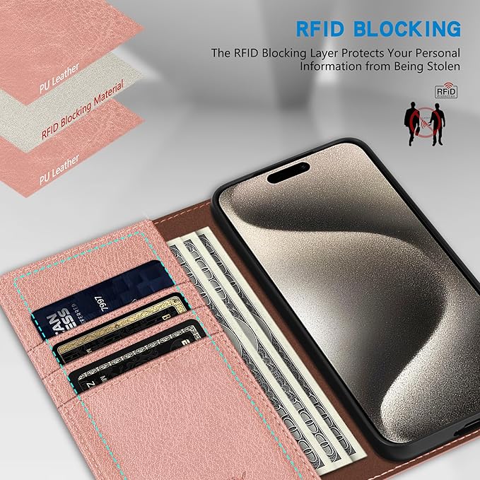 ZZXX for iPhone 15 Pro Max Wallet Case with [RFID Blocking] Card Slot Stand Strong Magnetic Leather Flip Fold Protective Phone Case for iPhone 15 Pro Max Case Wallet(Rose Gold-6.7 inch)