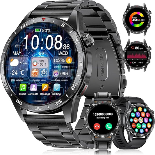 Smart Watch for Men (3 Straps),Answer/Make Calls,1.43'' AMOLED,IP68 Waterproof,110+ Sports Modes Fitness Watch with Sleep Monitor/SpO2/Heart Rate/Pedometer Rugged Outdoor Smart Watch for Android/iOS