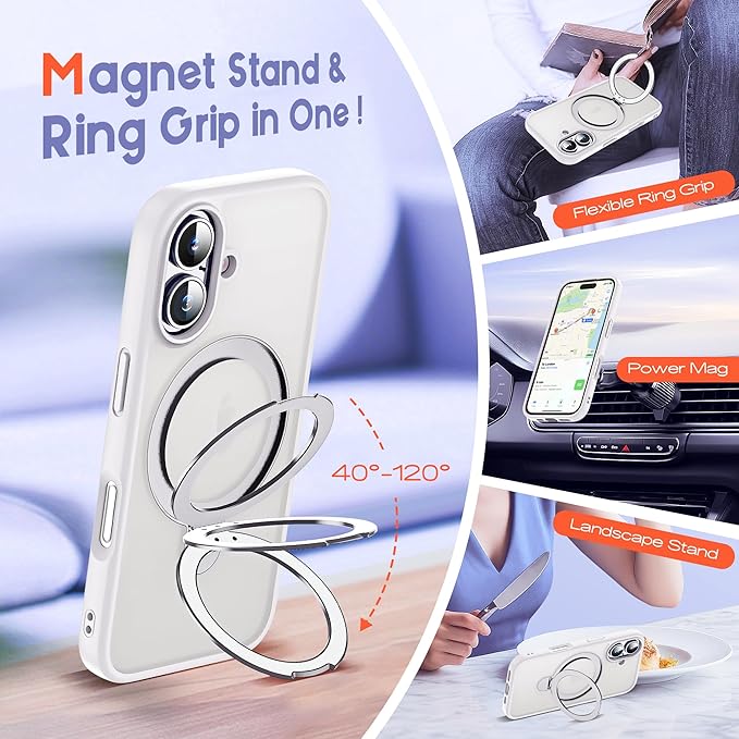 Designed for iPhone 16 Case with Magnetic Ring Stand [Compatible with Mag-Safe] [Military Drop Protection] Shockproof Translucent Phone Cover 6.1" for Women Men,White