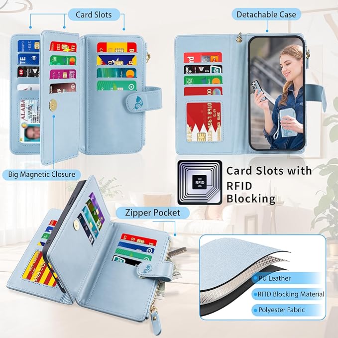 Lacass for Samsung Galaxy S24 FE S24FE Case Wallet,Compatible with MagSafe 2 in 1 Magnetic Detachable PU Leather RFID Blocking Wallet Cover Card Holder Zipper Wrist Strap Lanyard,Floral Sky Blue