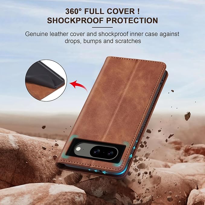 Jasonyu Flip Wallet Case for Google Pixel 8,Leather Magnetic Folio Cover with Card Holder,Kickstand - TPU Shockproof Durable Protective Phone Case,Brown