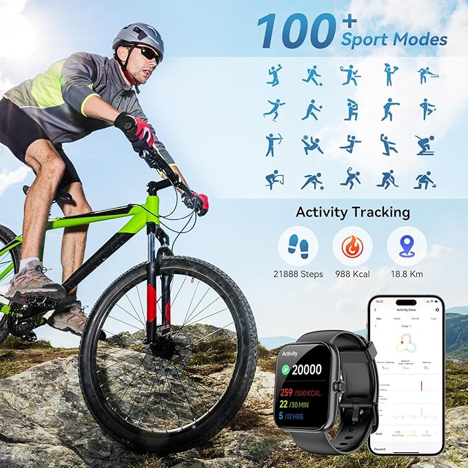 Smart Watch with Alexa Built-in, 1.83" HD Touchscreen & Fitness Tracker with Message Call Function, 24/7 Heart Rate/Sleep Monitor, 120+ Sport Modes, IP68 Waterproof, for Android iPhone (Black)