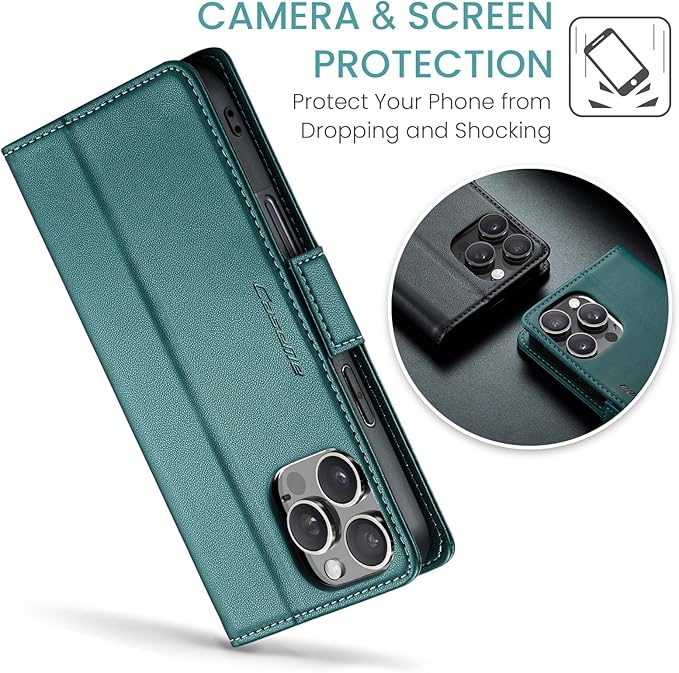 for iPhone 16 Pro Case, Premium PU Leather Wallet Case Flip Cover with [RFID Blocking][Card Holder][Stand Function] Shockproof Protective for iPhone 16 Pro 6.3", Blue-Green
