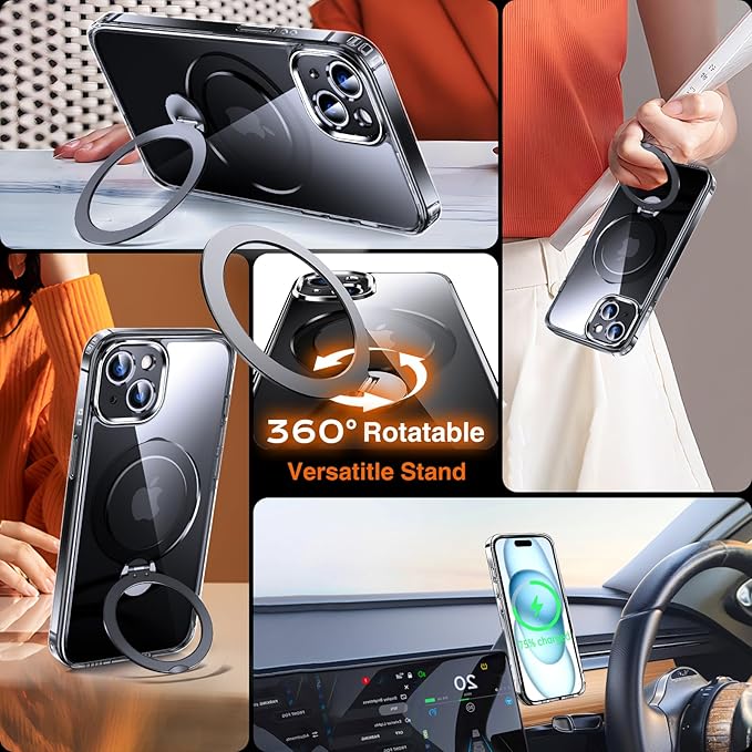 360° O-Ring MagStander for iPhone 15 Case with Magnetic Kickstand Ring Holder [Compatible with MagSafe][360°Rotate Stand Ring][Military Shockproof] iPhone 15 Phone Cover Clear