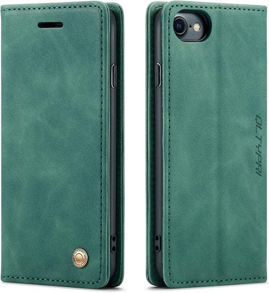 QLTYPRI Case for iPhone 16e, Vintage PU Leather Wallet Case Card Slot Kickstand Magnetic Closure Shockproof Flip Folio Cover for iPhone 16e - Dark Green