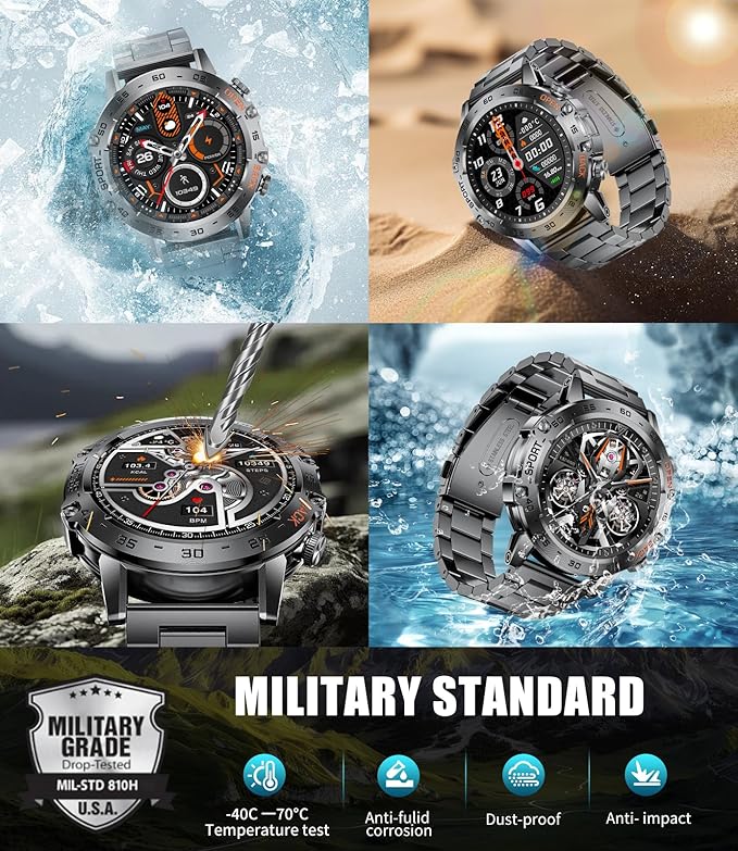 Military Smart Watch for Men(Answer/Dial Calls),1.45'' AMOLED/100 Sports Modes, 5ATM Waterproof Fitness Watch with Heart Rate/SpO2/Sleep Tracker for Android and iOS,530MAH Smartwatch Black Steel