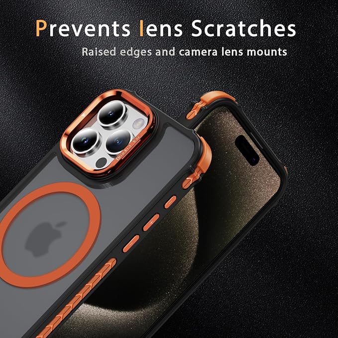 Magnetic for iPhone 15 Pro Case Orange with MagSafe Wireless Charging Heavy Duty Military-Grade Shockproof Protection Adjustable Kickstand Slim Matte Anti-Fingerprint Cover Men Women