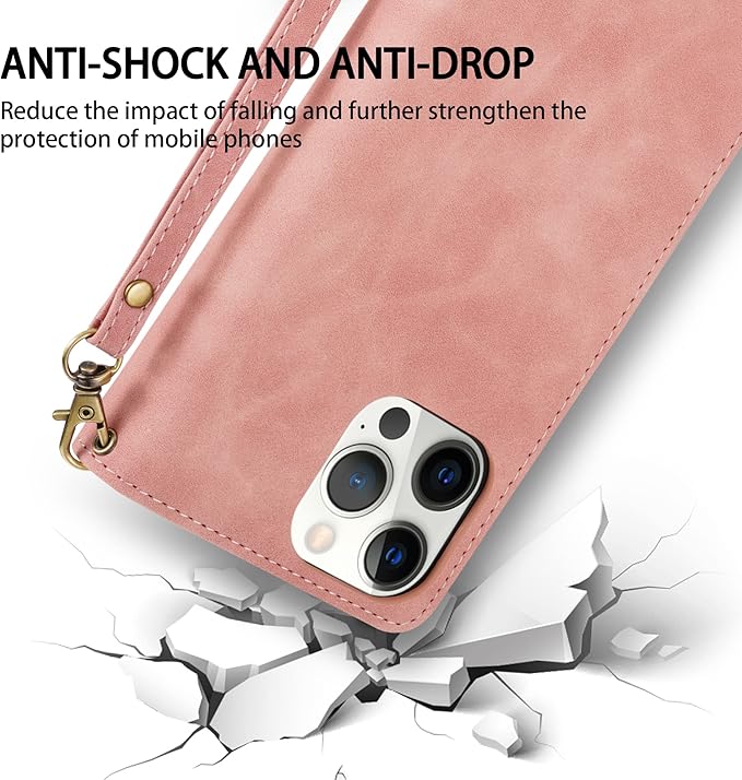 ZZXX for iPhone 14 Pro Max Case Wallet with [RFID Blocking] Card Slot Soft PU Leather Zipper Flip Folio with Wrist Strap Kickstand Protective Cover for iPhone 14 Pro Max Wallet Case(Pink-6.7 inch)