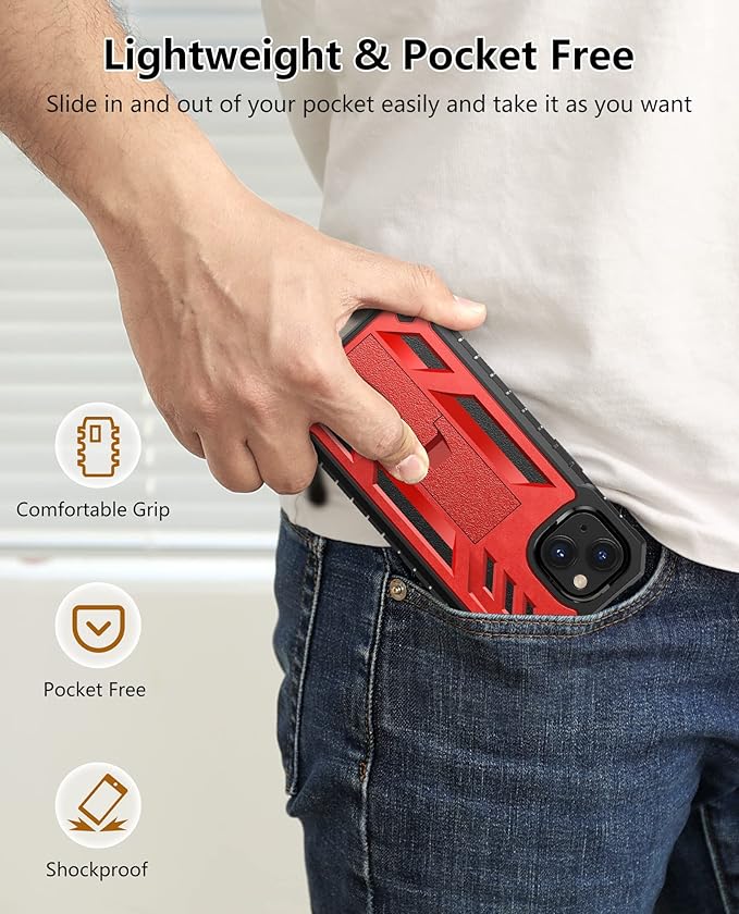 for iPhone 13/14 Protective Case: for iPhone 16e Cover with Built-in Kickstand | Heavy Duty Military Grade Hard Protection Shock Proof | Durable Dual-Layer Design Red