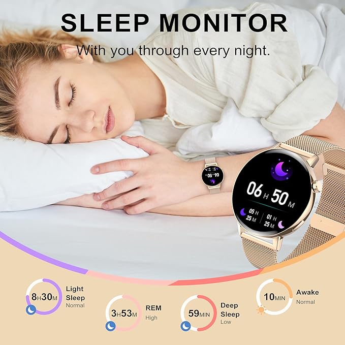 Smart Watch for Women (Make/Answer Call),1.32" HD Touch Screen Watchs for Android and iOS Phones Compatible, Fitness Tracker with Heart Rate/Sleep Monitor/AI Voice/IP68 Waterproof, Gold(3 Bands)