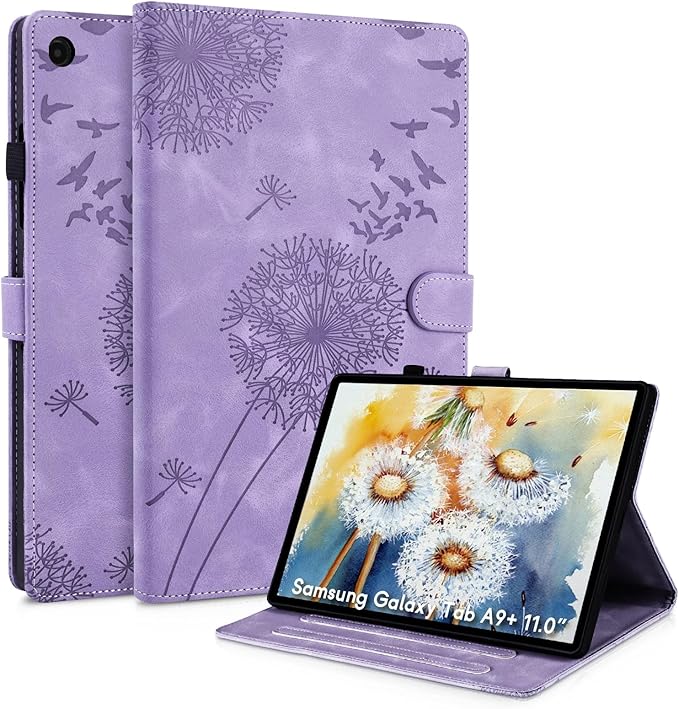 Dandelion Cover for Galaxy Tab A9 Plus Case (SM-X210/X216/X218, 11 Inch 5G), Artsy Design, Premium Faux Leather Made, Card Slots, Kickstand, Purple