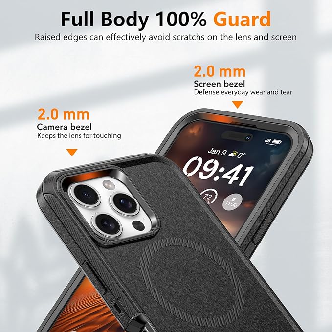 for iPhone 16 Pro Case with Belt Clip Holster, Anti-Shock, Anti-Slip, Compatible with MagSafe, 3-Layer Drop Protection, Heavy Duty Magnetic Phone Case Cover for 16 Pro, 6.3", Black