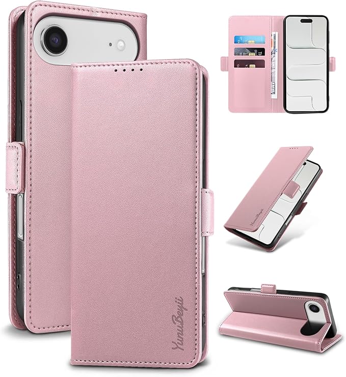 Wallet Flip Case for iPhone 17 Air 5G - [RFID Blocking] Luxury PU Leather Card Holder Magnetic Phone Cover with Kickstand,Shockproof Protective Case,Pink