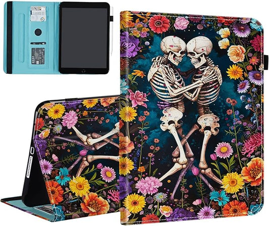 Case for Samsung Galaxy Tab A9 Plus/A9+ 5G 11 Inch 2023 Model (SM-X210/X216/X218),Card Slot PU Leather TPU Case Pen Holder Auto Wake Sleep,Flower Skull