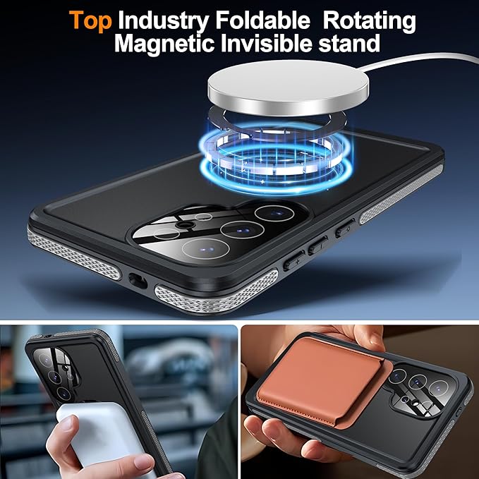 Magnetic & Stand for Samsung Galaxy S25 Ultra Case Waterproof[Built-in Screen Protector][Fit for Magsafe][Invisible Kickstand] 360° Full Body Sealed Protective Dustproof Shockproof Case Black