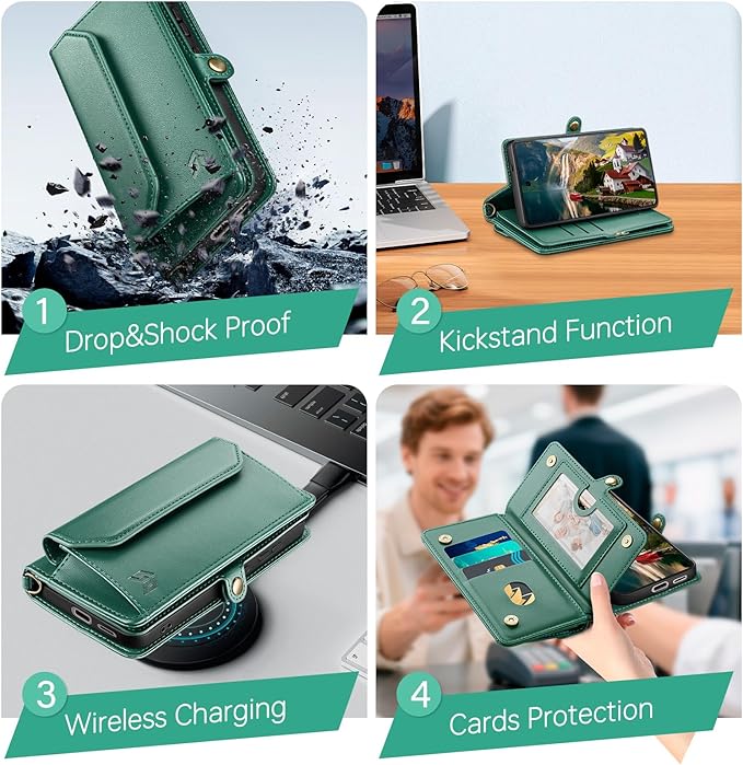 DJBull for Samsung Galaxy S25 Wallet Case with Card Holder, Shoulder and Wristlet Straps, Soft PU Leather, Magnetic Snap, Flip Phone Case for Women Men for Samsung S25 Green