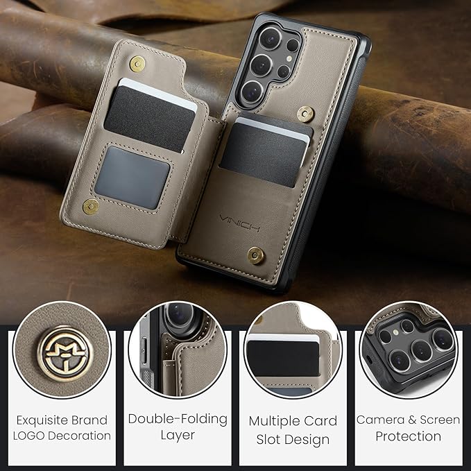 Vinich for Samsung Galaxy S25 Ultra Wallet Case with Card Holder, RFID Blocking Credit Slots Kickstand Shockproof Phone Cover for Women Men, Gray