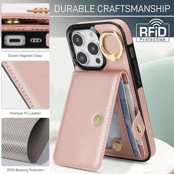 Compatible iPhone 16 Pro Wallet Case with Card Holder RFID Blocking PU Leather Doubles as a Wallet Unisex Flip Shockproof Protection with Card Slots Ring Wrist Kickstand Function,Rose Gold