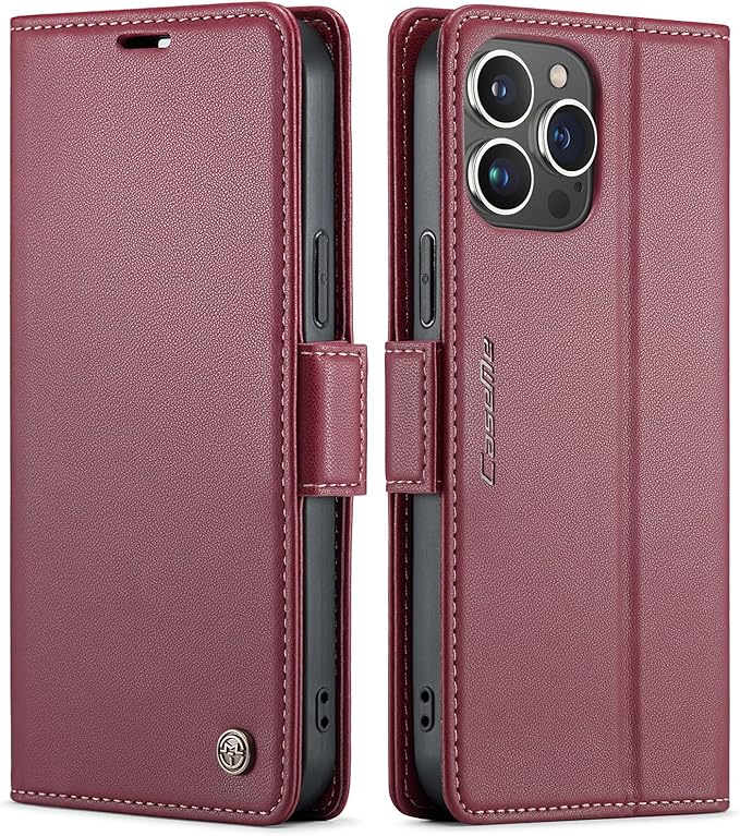 SINIANL Leather Wallet Case for iPhone 15 Pro Max with RFID Blocking, Card Holder, Kickstand, Magnetic Closure - Red