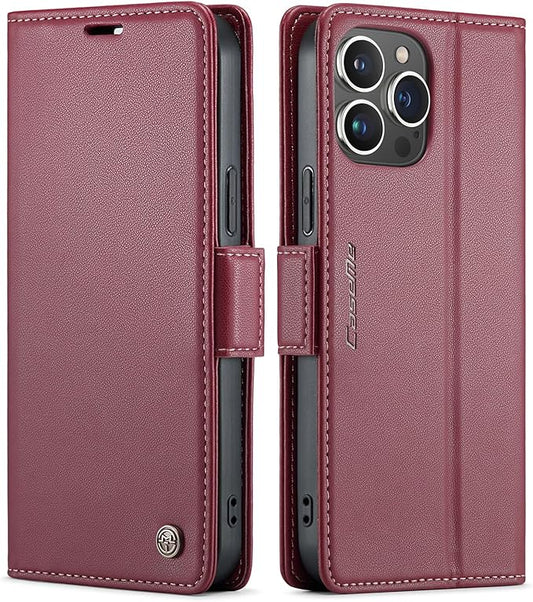 SINIANL Leather Wallet Case for iPhone 15 Pro Max with RFID Blocking, Card Holder, Kickstand, Magnetic Closure - Red