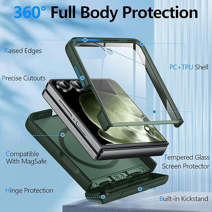 for Samsung Galaxy Z Flip 7 Case Compatible with Magsafe [Hinge Protection＆ Kickstand][Built-in Front Screen Protector] 15FT Military Shockproof Full Body Phone Case for Galaxy Z Flip 7, Green