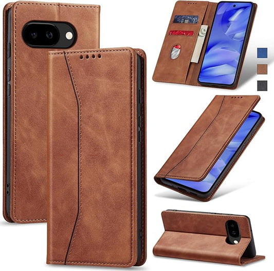 Jasonyu Flip Wallet Case for Google Pixel 9A,Leather Magnetic Folio Cover with Card Holder,Kickstand - TPU Shockproof Durable Protective Phone Case,Brown
