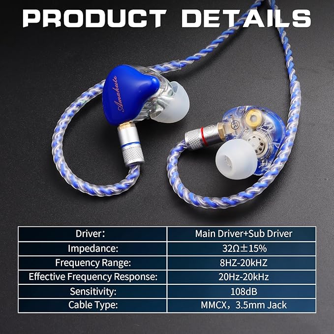 in Ear Monitor Headphones Dual Driver IEMs for Gaming, HiFi Wired Earbuds with 9.2mm+6mm Drivers, Detachable MMCX 4N Silver Cable, Noise-Isolating Ear Tips (Blue)