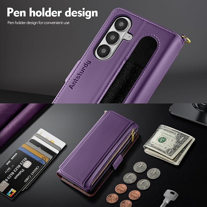 Antsturdy Compatible with Samsung Galaxy Z Fold7 Case Wallet with Card Holder,Z Fold 7 5G Phone Case with Strap Shockproof PU Leather RFID Blocking Flip Cover Credit Card Slots Women Men,Purple