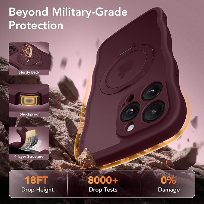 for iPhone 13 Pro Max Case for Women,[Compatible with Magsafe][360° Spin Magnetic Stand][Cute Wave Edge][Military-Grade Protection]Translucent Matte Phone Case for iPhone 13 ProMax, Wine Red