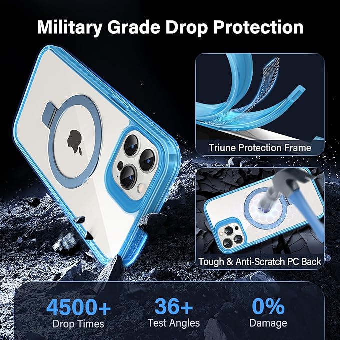 Magnetic Case for iPhone 14 Pro - [Built-in Invisible Stand] [Compatible with MagSafe] [Military Grade Drop Protection] Anti-Yellowing Hard Back Silicone Edge Cover, 6.1", Clear Blue