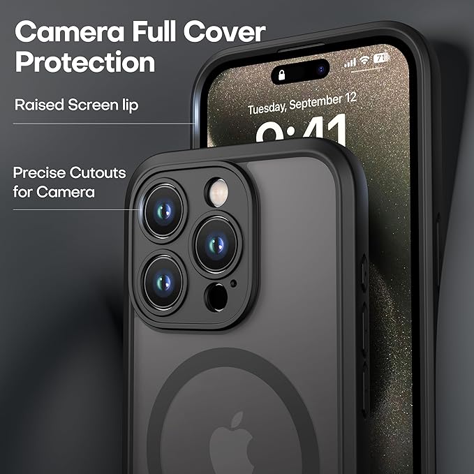 ImpactStrong Magnetic Guard Designed for iPhone 15 Pro Max Case [Camera Protection] [Military Grade Drop Tested] [Compatible with MagSafe] Slim Translucent Matte Phone Case (6.7") - Black