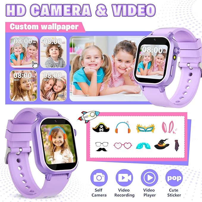 Vakzovy Kids Waterproof Smart Watch Girls Gift Age 3-12 with 39 Game HD Touch Screen Video Camera Music Player Pedometer Alarm Clock Birthday Gift for 6 7 8 9 Year Olds Purple