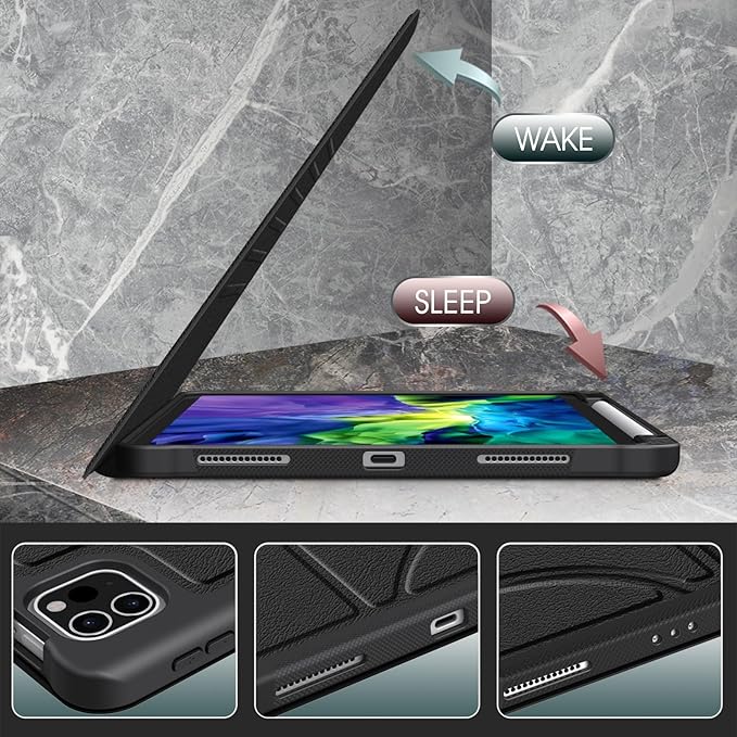 CaseBot Magnetic Stand Case for iPad Pro 11-inch (4th / 3rd Generation) 2022/2021 - Multiple Angles Shockproof Soft TPU Cover w/Pencil Holder, Also Fit iPad Pro 11" 2nd /1st Gen, Black