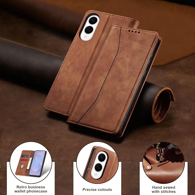 Jasonyu Flip Wallet Case for Samsung Galaxy S25 Edge 5G,Leather Magnetic Folio Cover with Card Holder,Kickstand - TPU Shockproof Durable Protective Phone Case,Brown