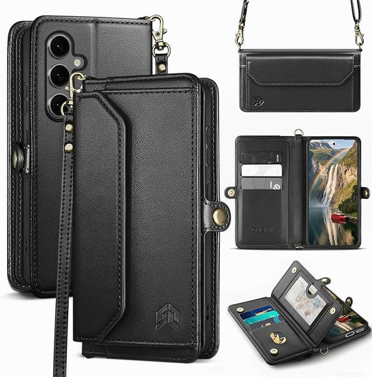 DJBull for Samsung Galaxy S25 Wallet Case with Card Holder, Shoulder and Wristlet Straps, Soft PU Leather, Magnetic Snap, Flip Phone Case for Women Men for Samsung S25 Black