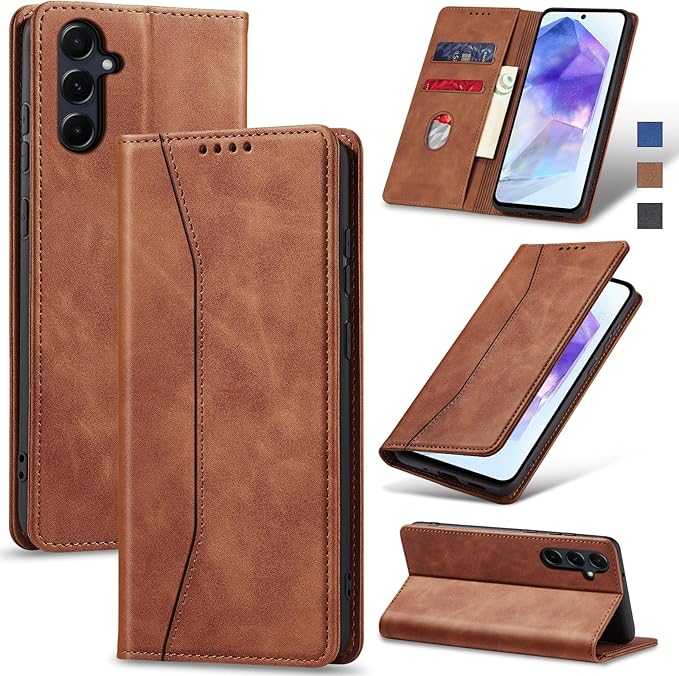 Jasonyu Flip Wallet Case for Samsung Galaxy A55,Leather Magnetic Folio Cover with Card Holder,Kickstand - TPU Shockproof Durable Protective Phone Case,Brown