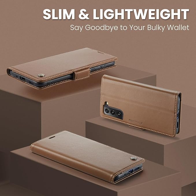 AUPAI for Samsung Galaxy S21 FE Wallet Case with Credit Card Holder, PU Leather RFID Blocking Folio Flip Kickstand Magnetic Clasp Protective Phone Cover for Women Men Brown