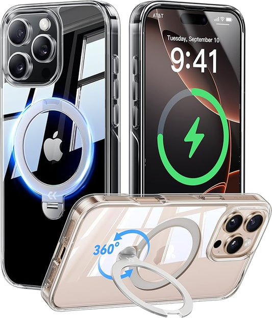 CASEKOO 360 Spin Max Magnetic Titanium Stand for iPhone 16 Pro Case [Fit with Magsafe][16FT Military Protection] [No-Yellow Crystal Clear] Slim 16 Pro Case with Stand 6.3'', Clear