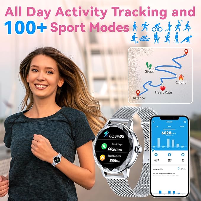 Smart Watch for Women with Make/Answer Call, 1.2" Adjustable Fitness Watch with Heart Rate Sleep Monitor Female Cycle and 100+ Sports Modes (W02-Silver)