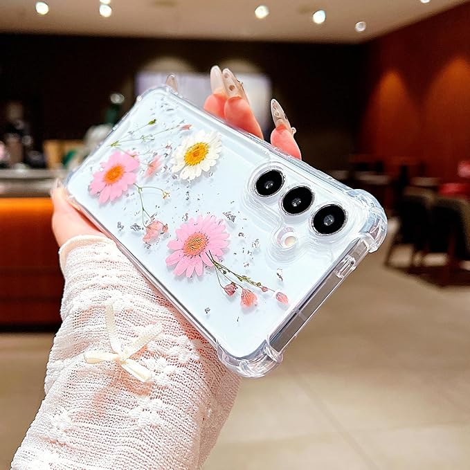 Compatible with Samsung Galaxy S24 Plus Case Cute Pressed Dried Real Flowers Design Women Girly Shockproof Glitter Floral Clear Phone Cover S24+ (Pink Flower)