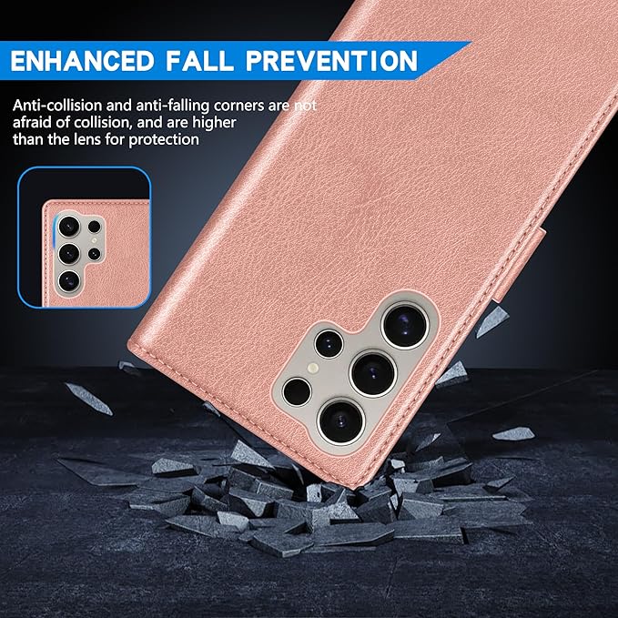 ZZXX for Samsung Galaxy S25 Ultra Wallet Case with [RFID Blocking] Card Slot Kickstand Magnetic Closure Leather Flip Fold Protective Phone Case for Galaxy S25 Ultra 5G Case Wallet(Rose Gold-6.8 inch)