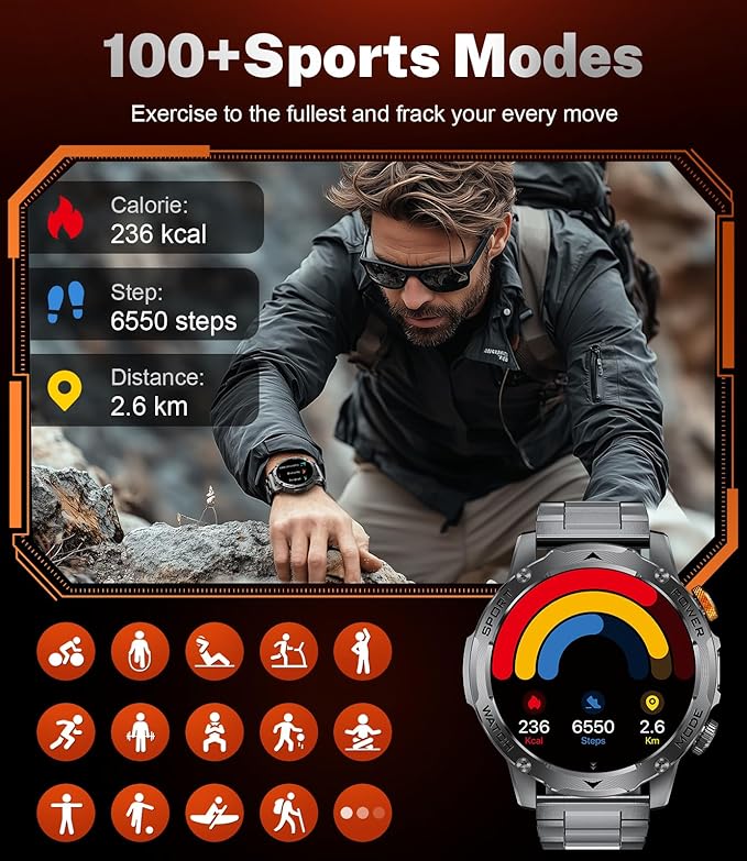 Military Smart Watches for Men(3 Bands),1000mAh/1.75" HD Large Screen Smartwatch, Flashlight/110+ Sports Modes/IP68 Waterproof/Sleep Monitor Fitness Tracker Watch for Android IOS,Gunmetal