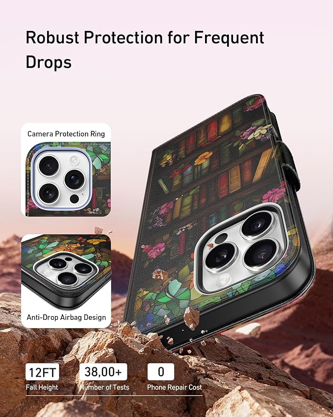 DEENAKIN for iPhone 15 Pro Max Wallet Case with Card Holder + Cash Clip, RFID-Blocking, Military-Grade Drop Protection, Magnetic Closure with Leather Kickstand - Bookshelf Flowers