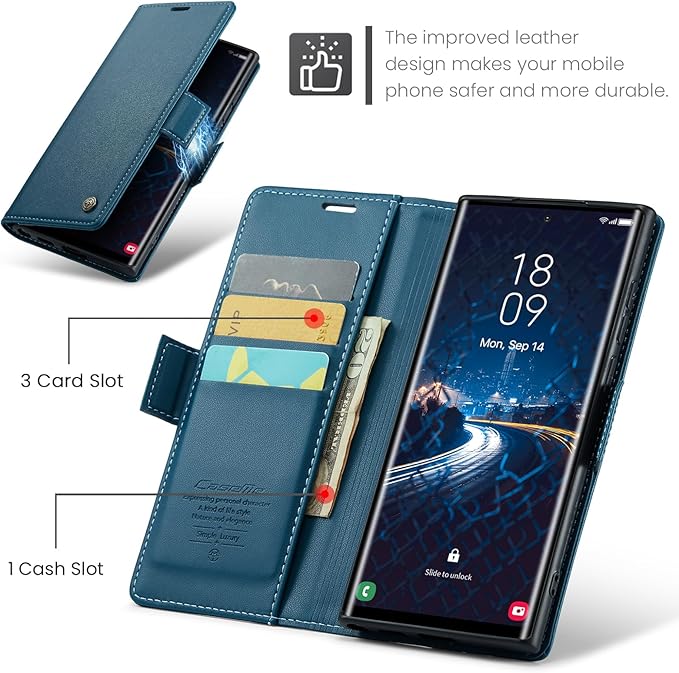 AUPAI for Samsung Galaxy S22 Ultra Wallet Case with Credit Card Holder, PU Leather RFID Blocking Folio Flip Kickstand Magnetic Clasp Protective Phone Cover for Women Men Blue