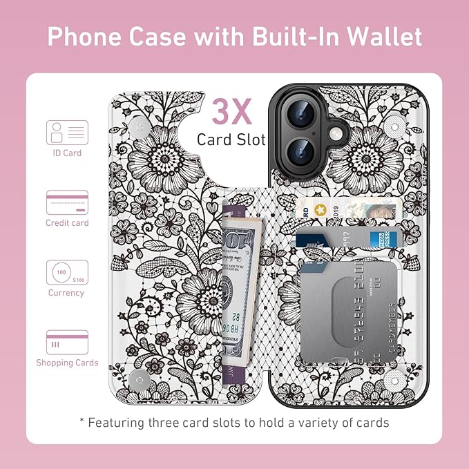 FUNMIKO for iPhone 16 Wallet Case with Card Holder, RFID-Blocking, Military-Grade Protection & UV-Printed Artwork, Magnetic Closure with Leather Kickstand - Graceful Lace Floral