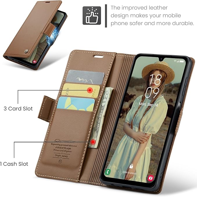 for Samsung Galaxy A15 4G/5G Case, Premium PU Leather Wallet Case Flip Cover with [RFID Blocking][Card Holder][Stand Function] Shockproof Protective for Samsung Galaxy A15, Brown