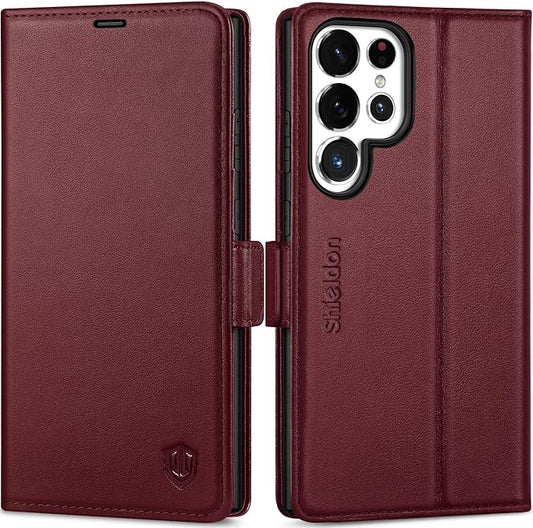 SHIELDON Wallet Case for Galaxy S25 Ultra 6.9", Genuine Leather Folio Magnetic Wallet Cover RFID Blocking Credit Card Holder Kickstand Shockproof Case Compatible with Galaxy S25 Ultra - Nappa Wine Red
