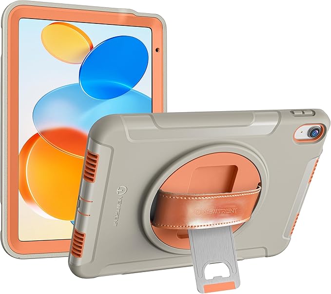 Original Rugged iPad Case for iPad 11 (A16) 11-inch (2025) & iPad 10th Gen 10.9-inch (2022) | 360° Rotating Kickstand, Genuine Leather Hand Strap, Built-in Screen Protector (Orange Grey)