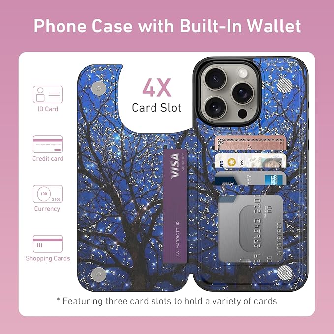 FUNMIKO for iPhone 13 Pro Max Wallet Case with Card Holder, RFID-Blocking, Military-Grade Protection & UV-Printed Artwork, Magnetic Closure with Leather Kickstand - Dreamy Wishing Tree