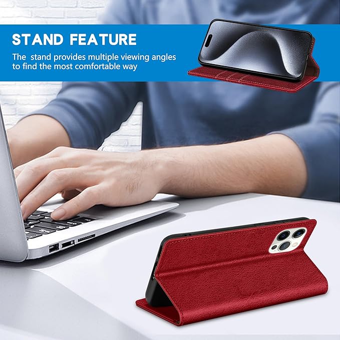 ZZXX for iPhone 15 Pro Wallet Case with [RFID Blocking] Card Slot Stand Strong Magnetic Leather Flip Fold Protective Phone Case for iPhone 15 Pro Case Wallet(Red-6.1 inch)
